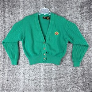 Vintage Lizsport Womens Medium  
Green Cotton Crest Cardigan Sweater V-Neck 90s
